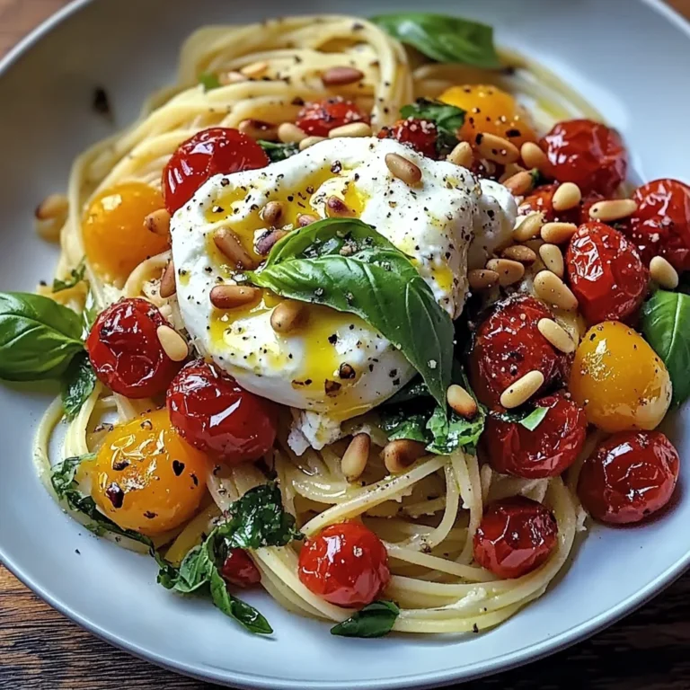 Pâtes au soleil : burrata, tomates confites et pignons